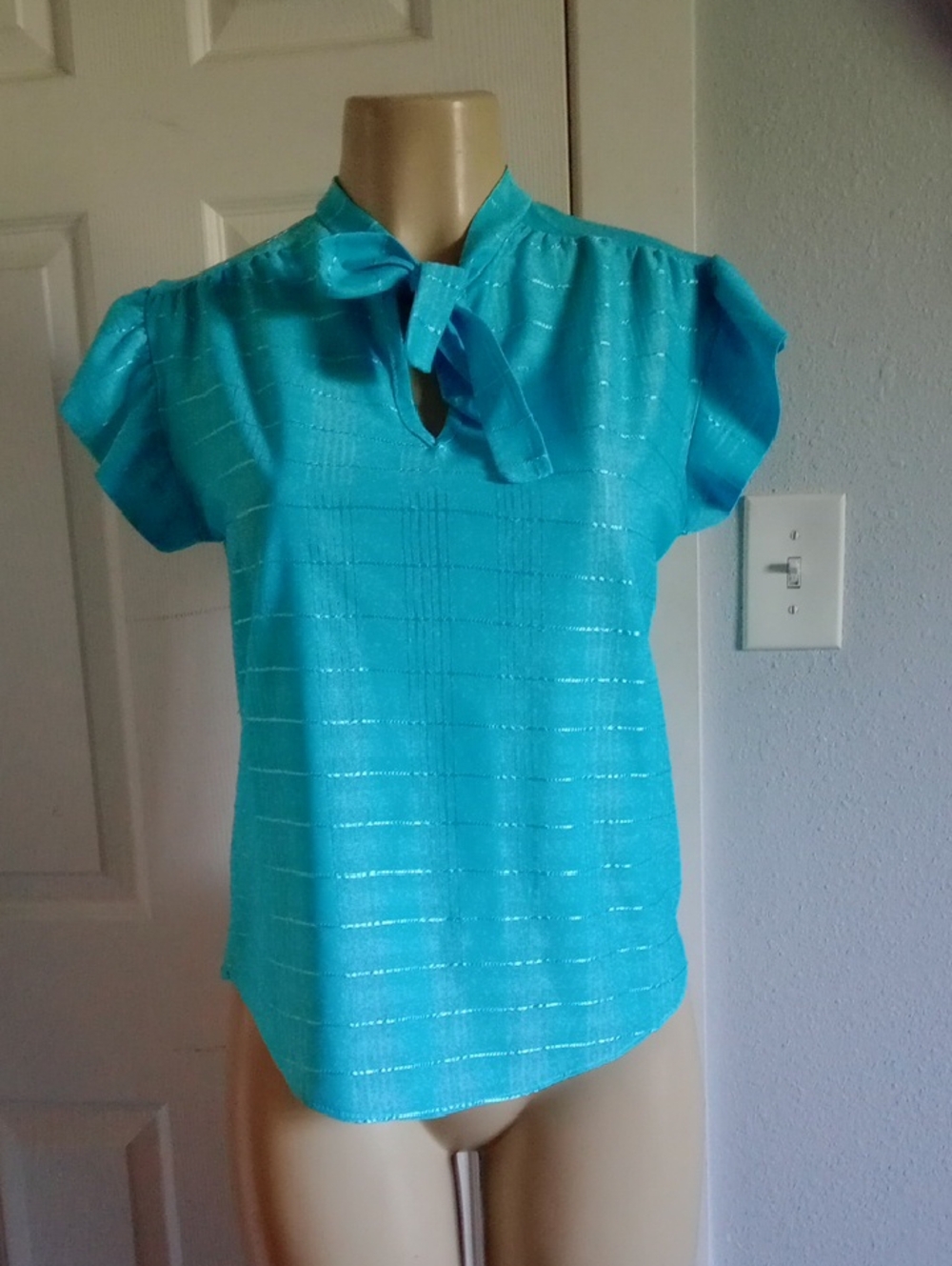 Free Lane Teal Tie-Neck Flutter Sleeve Blouse